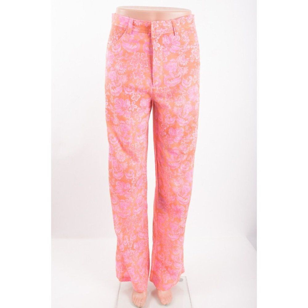 Zara Womens Linen Blend Trousers Pants M Orange Pink Floral blogger favorite